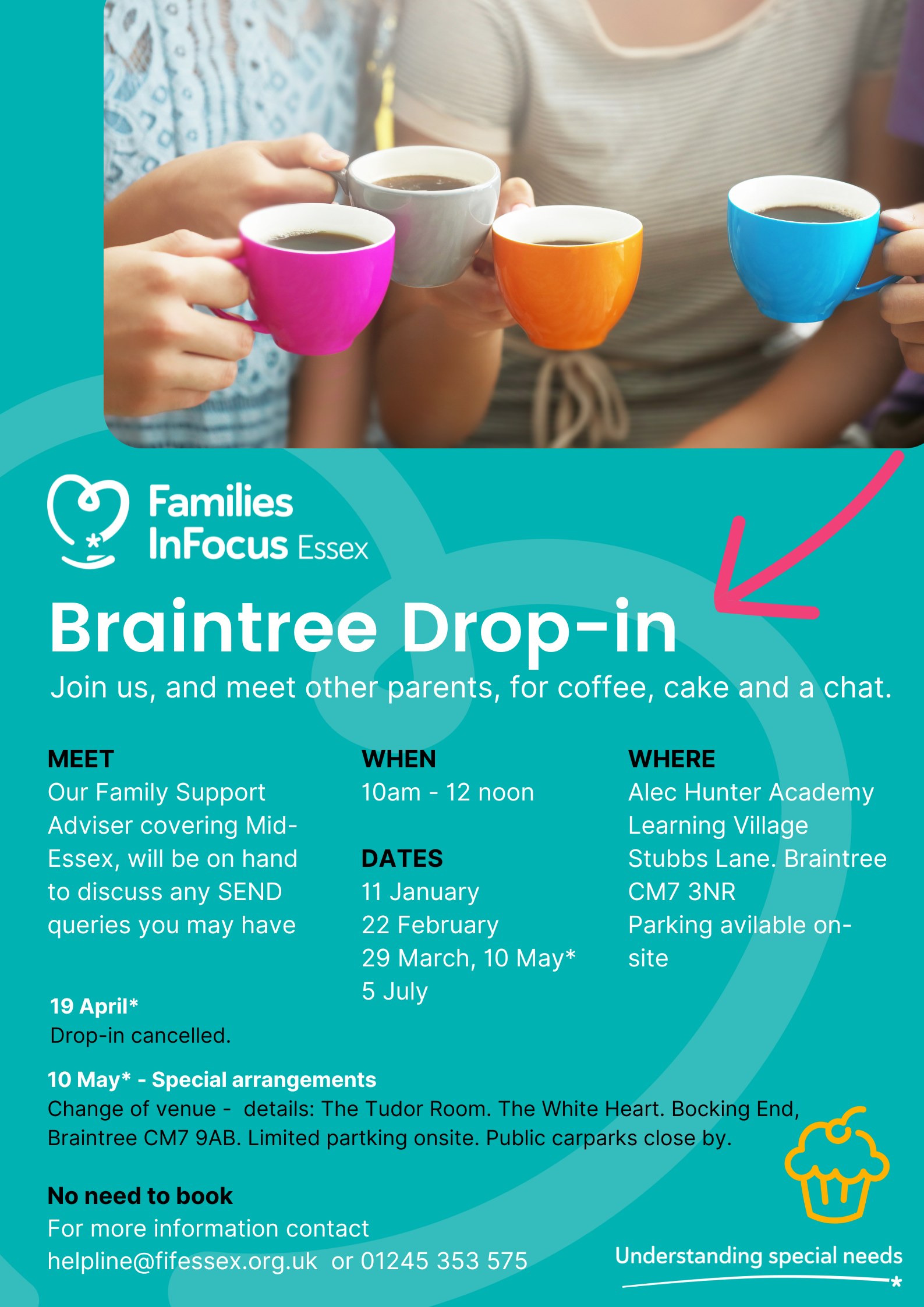 Flyer details dates of the braintree drop in and has a photo of hands holding colourful cups filled with coffee or tea.