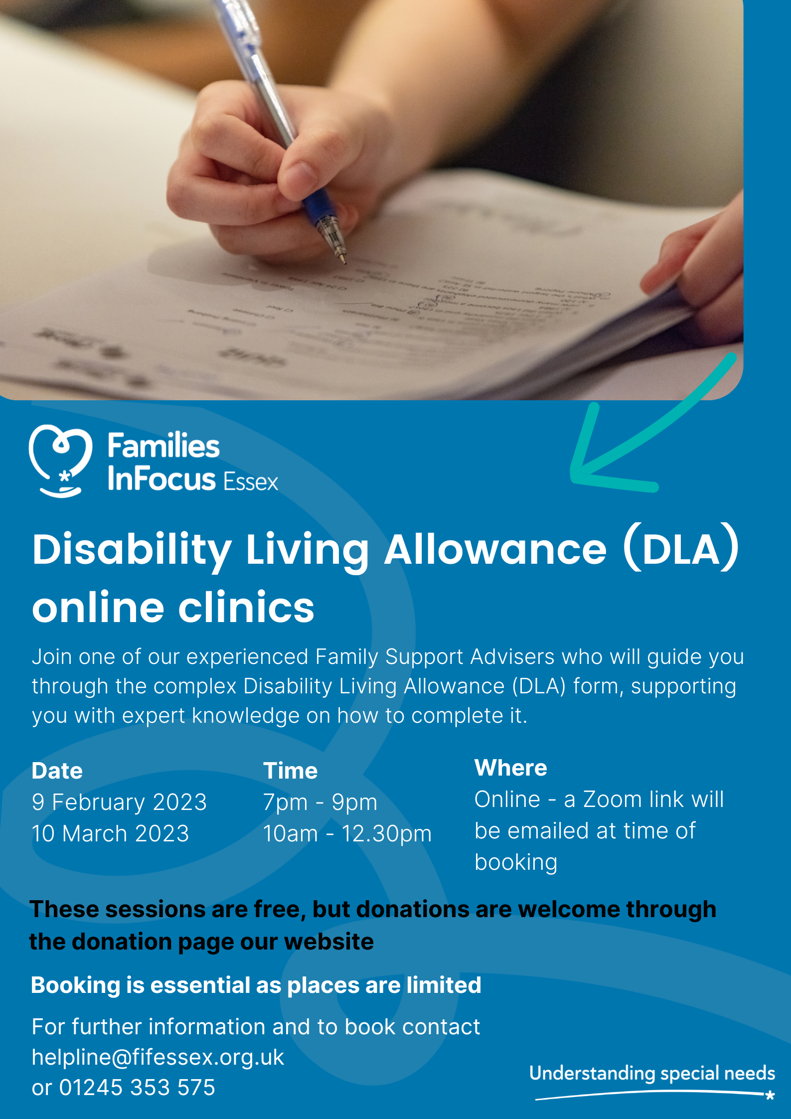 Flyer showing details of the DLA online clilnic